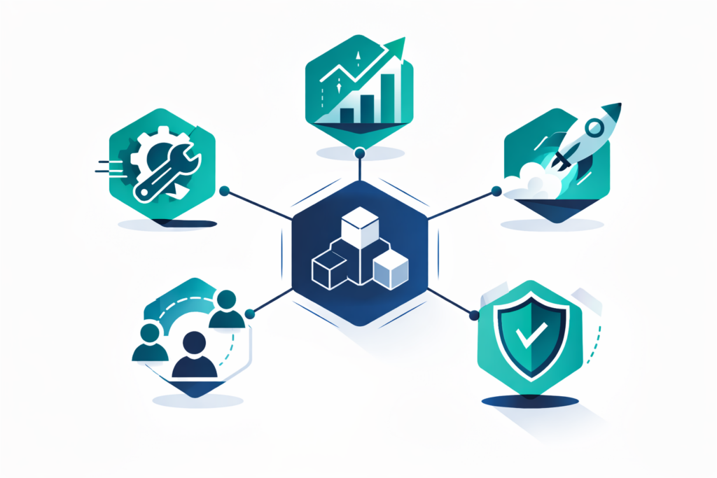 Microservice architecture benefits diagram showing scalability, fault isolation, team autonomy, and independent deployment
