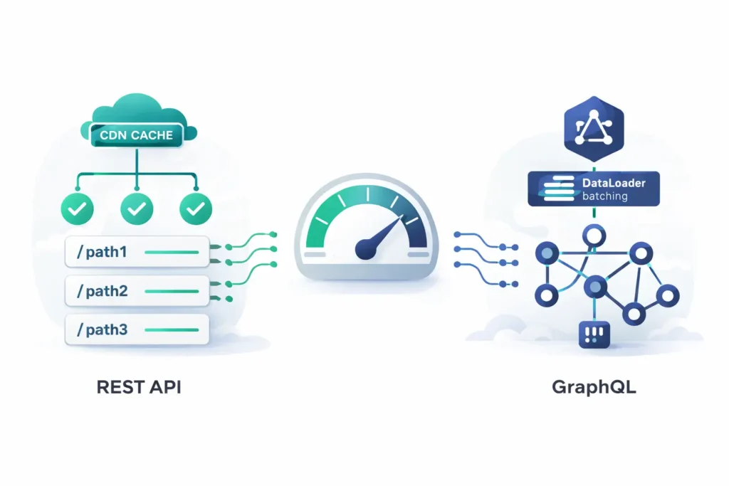 REST vs GraphQL performance comparison showing HTTP caching, CDN support, and query efficiency differences