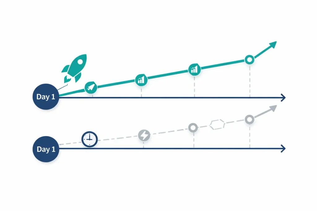 Timeline showing Laravel 13 adoption advantages from day one versus delayed upgrade path 