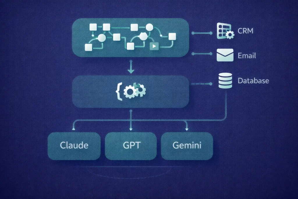 Pegotec AI automation stack showing n8n orchestration, Laravel middleware, and multi-provider LLM integration