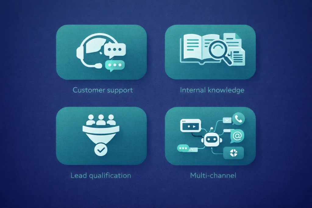 Four types of AI chatbots: customer support, internal knowledge, lead qualification, and multi-channel deployment