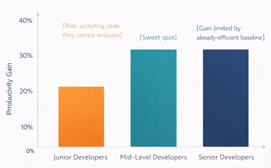 Bar chart showing how AI code assistant productivity gains vary across junior, mid-level, and senior developers