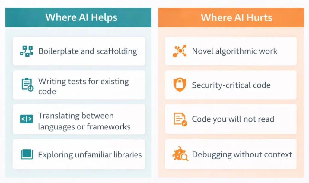 Two-column comparison showing where AI code assistants help versus where they hurt productivity