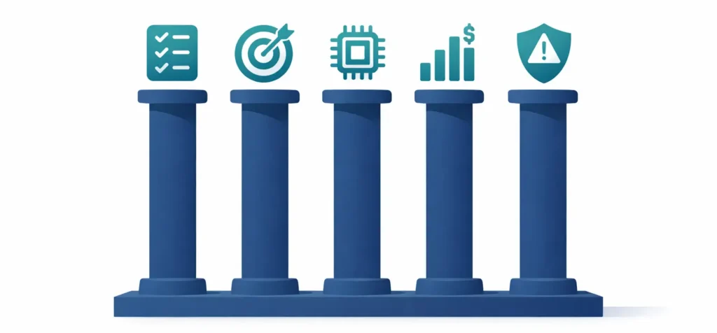Five pillars of AI consulting — readiness, opportunity, technology, cost-benefit, and risk assessment