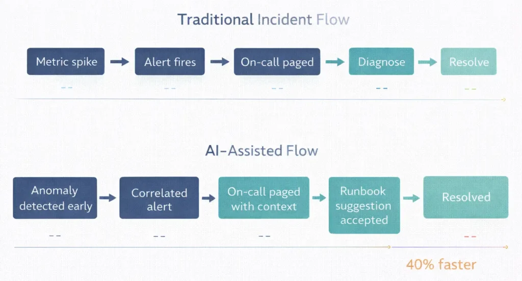 Timeline comparison showing a traditional incident flow versus an AI-assisted incident flow, with AI detecting and resolving issues earlier
