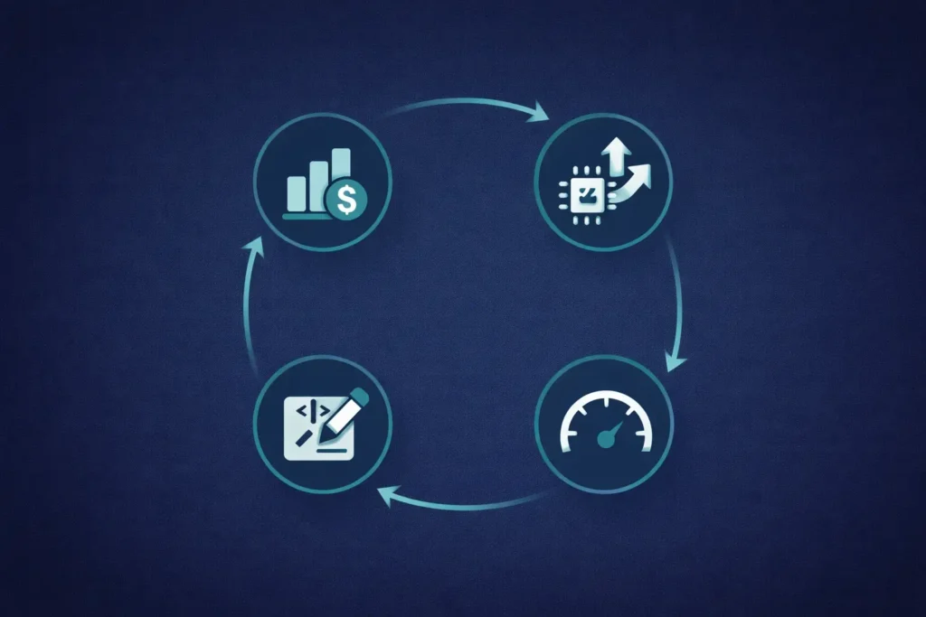 AI maintenance cycle showing cost monitoring, model updates, prompt optimization, and performance tracking