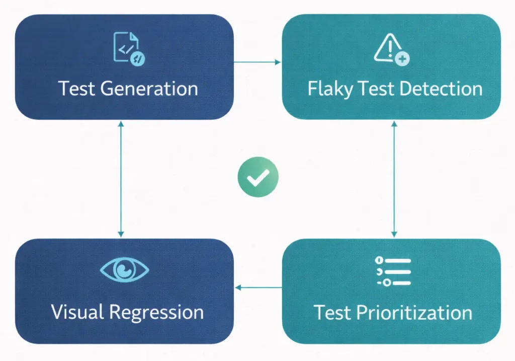 Four connected blocks showing the high-value uses of AI in software testing: test generation, flaky test detection, visual regression, and test prioritization