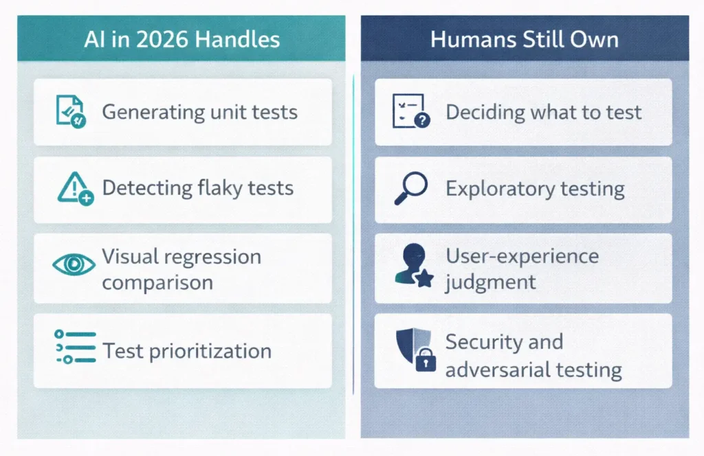 Split diagram showing what AI now handles in testing versus what remains human work