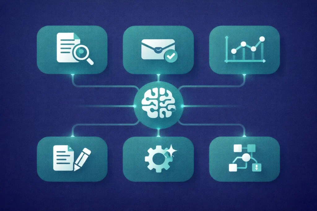 Overview of six AI workflow automation types — document processing, customer communication, data extraction, content generation, tool enhancement, and multi-step processes