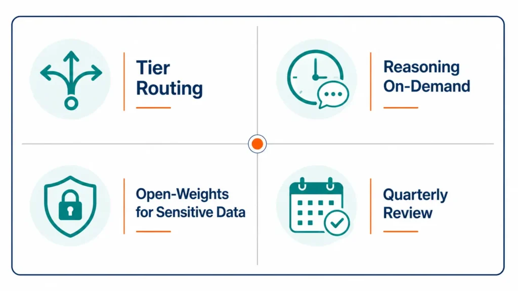 Four practical takeaways for businesses adopting frontier AI models in 2026: tier routing, reasoning on demand, open-weights for sensitive data, quarterly review