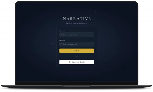 NARRATIVE sign-in screen with username, password, and Google single-sign-on options on a dark starry interface