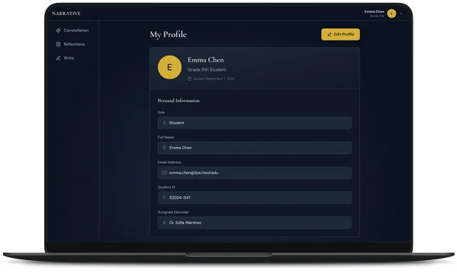 Student profile screen in NARRATIVE showing role, name, email, student ID, and assigned educator