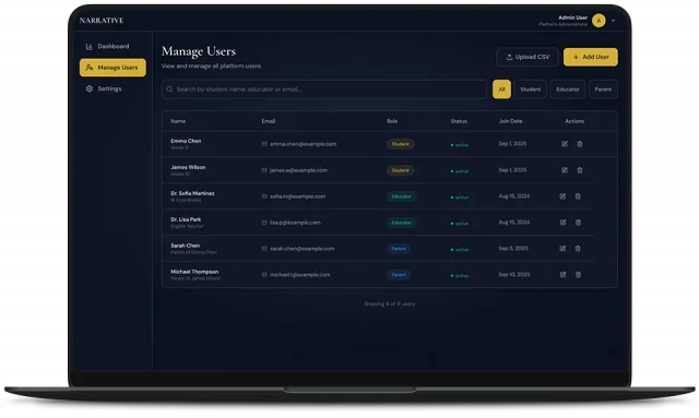 Administrator user-management table in NARRATIVE with role filters and CSV upload for student, educator, and parent accounts