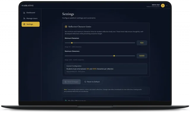 Administrator settings screen in NARRATIVE for platform-wide configuration of reflection character limits
