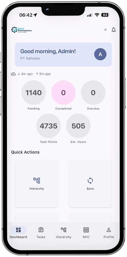 Smart Maintenance Task Manager mobile dashboard with task counters and quick action tiles for technicians