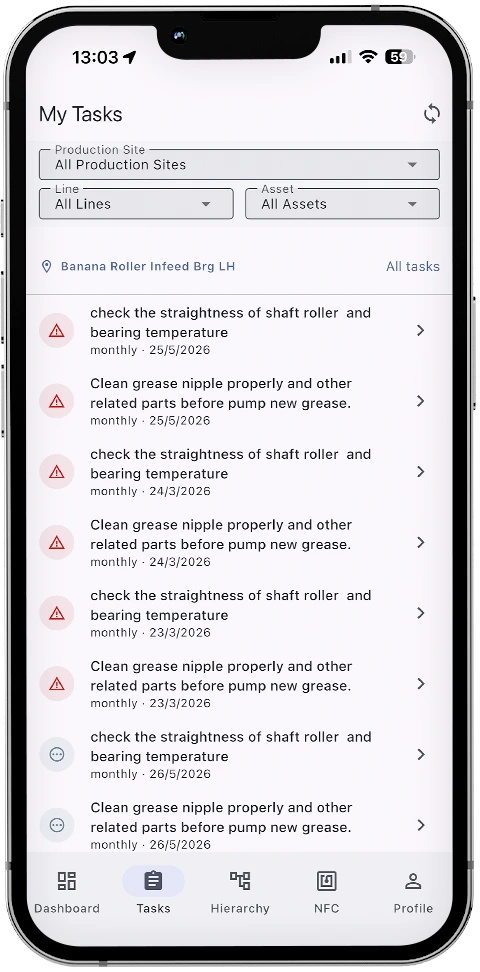 Mobile task list in Smart Maintenance Task Manager showing scheduled maintenance work for a production line