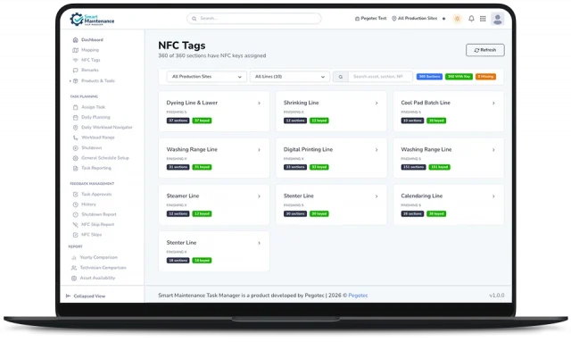 NFC tag management in Smart Maintenance Task Manager — production lines with section counts and key-status indicators