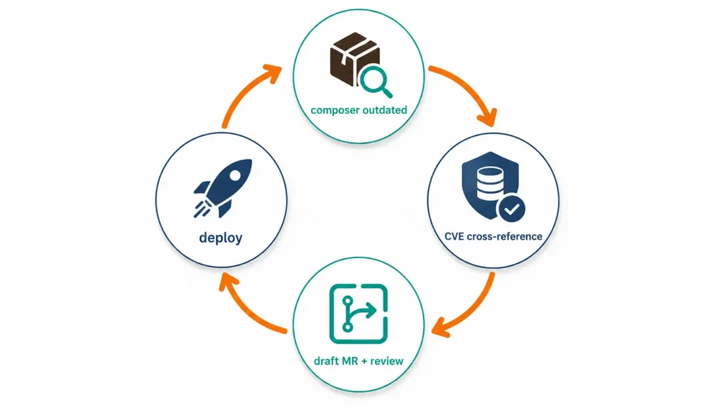 Monthly WordPress maintenance cycle visual showing composer-outdated pull, CVE cross-reference, MR review, and deploy stages 