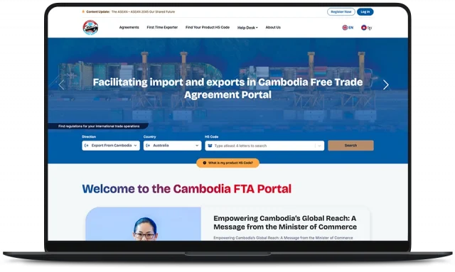 Cambodia FTA Portal homepage with HS-code search by direction, country, and product description