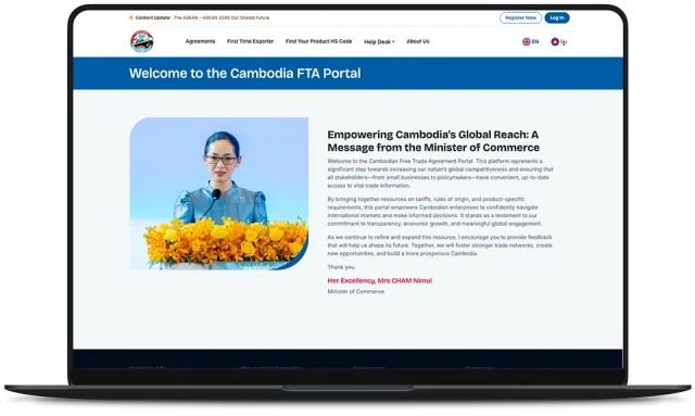 Minister of Commerce Mrs CHAM Nimul's message page on the Cambodia FTA Portal