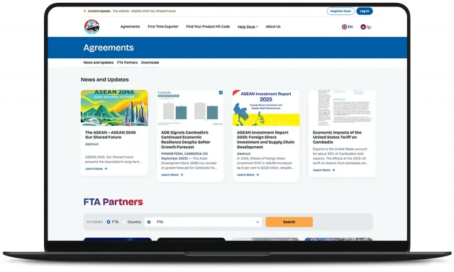 Cambodia FTA Portal news and updates page with ASEAN 2045, ADB, and ASEAN Investment Report cards