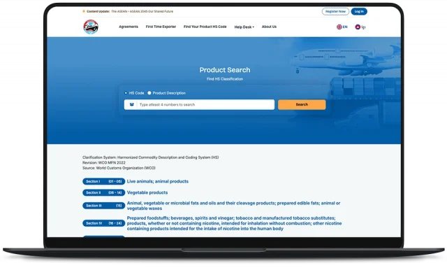 Cambodia FTA Portal Product Search with HS Code classification lookup and section browser