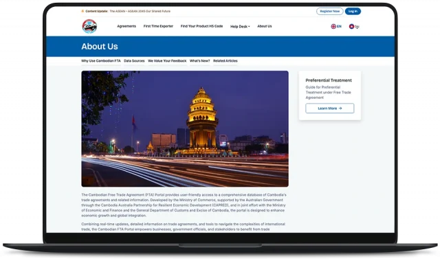 Cambodia FTA Portal About Us page featuring the Independence Monument and Preferential Treatment guide