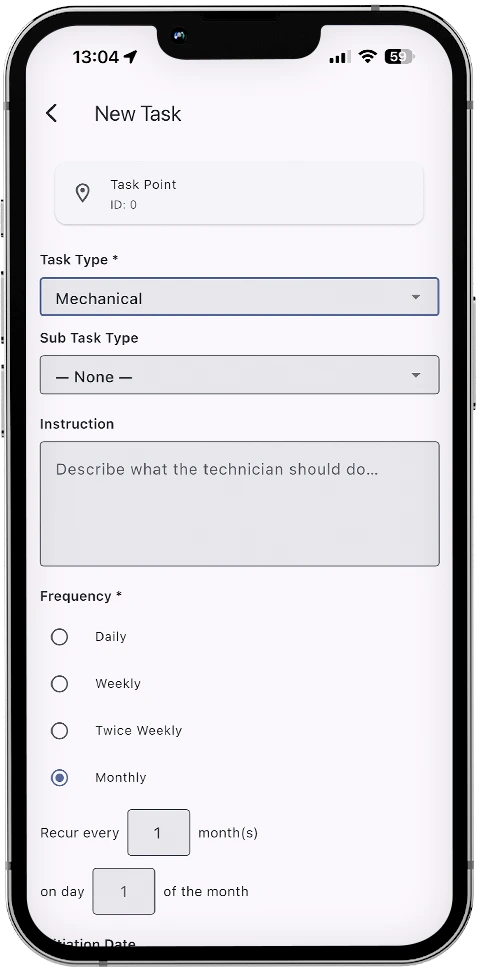 Mobile new-task form in Smart Maintenance Task Manager with task type, instruction, and frequency settings