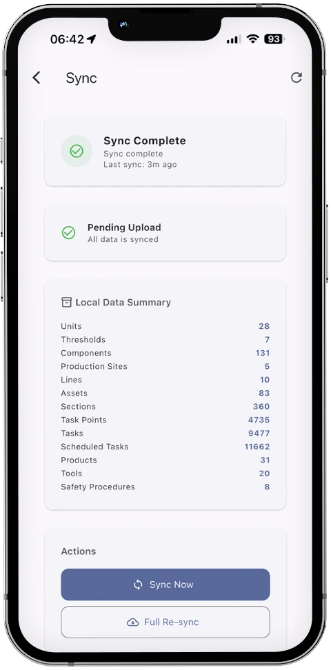 Mobile sync screen in Smart Maintenance Task Manager showing sync status and local data counts for offline operation