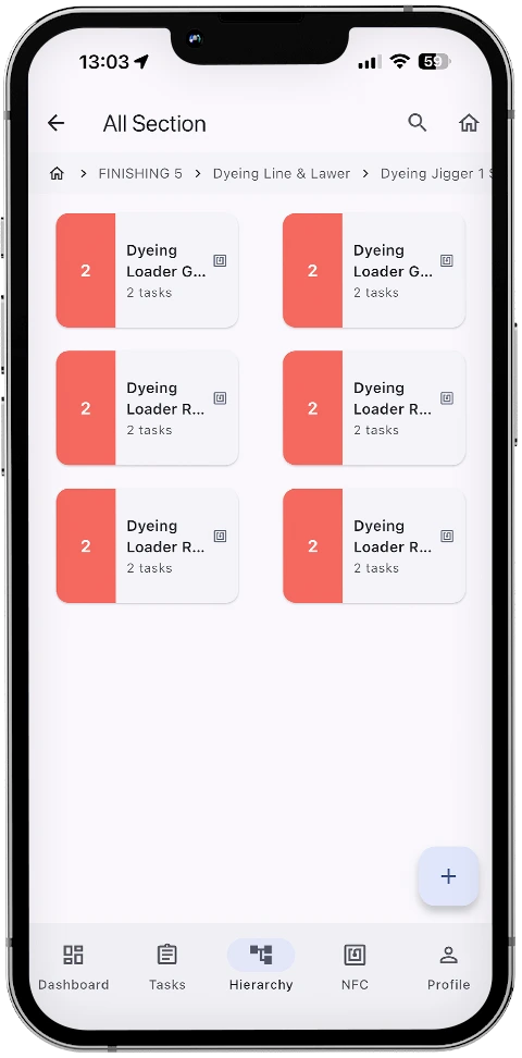 Mobile asset hierarchy in Smart Maintenance Task Manager showing production-line sections with per-section task counts
