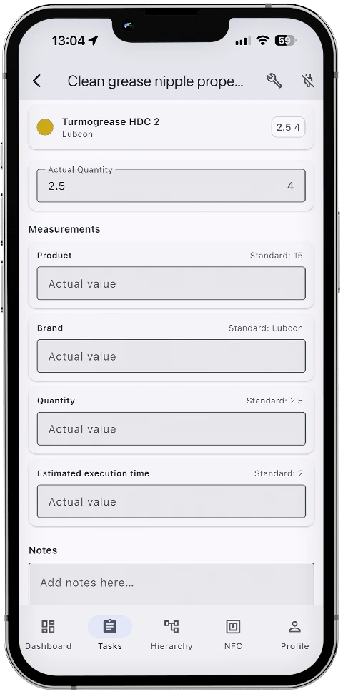 Mobile task measurement entry in Smart Maintenance Task Manager with product, brand, quantity, and notes fields