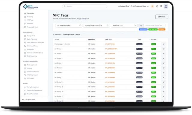 Web NFC-key list in Smart Maintenance Task Manager showing assigned keys per asset section with active status