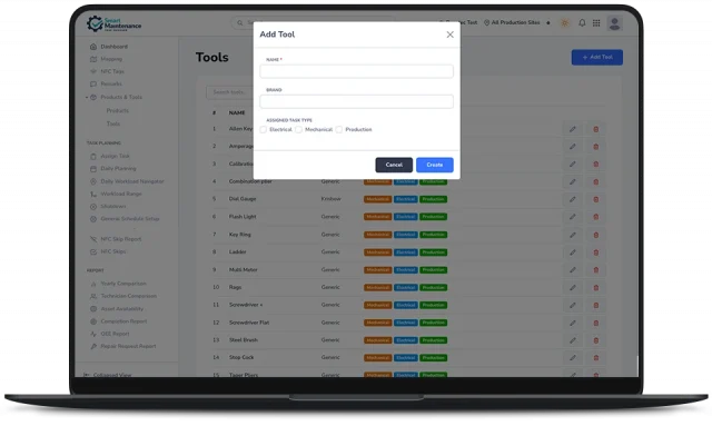 Web tools inventory in Smart Maintenance Task Manager with an Add-Tool dialog and task-type assignments