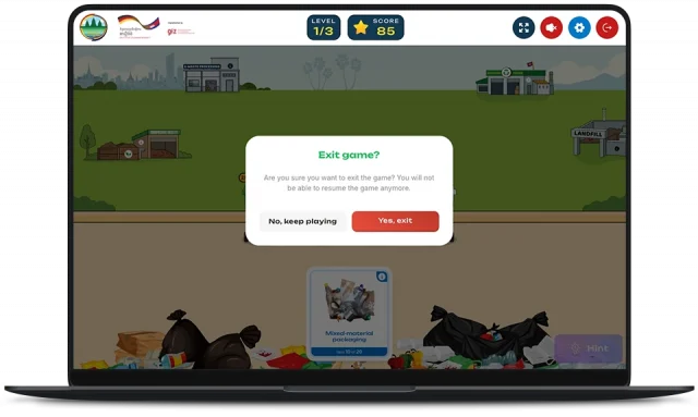 Exit confirmation dialog during Level 1, warning that the game cannot be resumed after leaving.