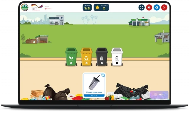 Gameplay showing green organic, yellow recyclable, black residual and white battery bins with a waste card to sort.