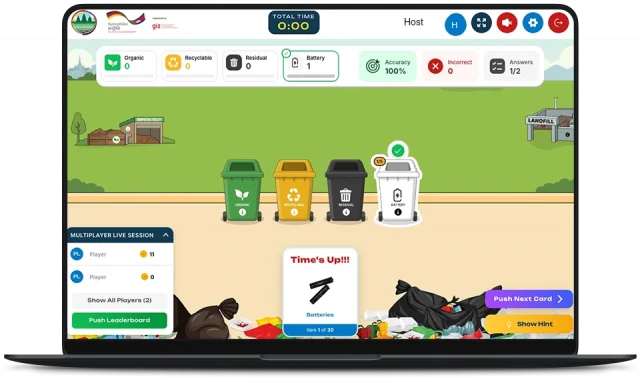 Host presenter view mid-session with per-bin counters, accuracy and incorrect totals, and leaderboard controls.