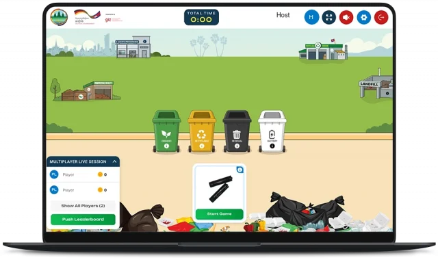 Multiplayer presenter view showing the four sorting bins and a live session panel listing joined players.