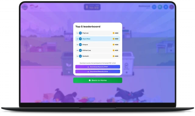 Top five multiplayer leaderboard with player scores and buttons to download full results as PDF or XLS.