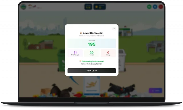 Level complete summary showing total score, attempts, correct and wrong answers, and a Next Level button.
