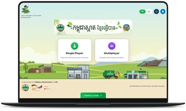 Waste Segregation Hero start screen with Single Player and Multiplayer options and an English-Khmer language toggle.