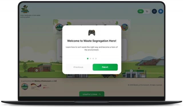 Welcome overlay introducing Waste Segregation Hero and how to sort waste to become an environment hero.
